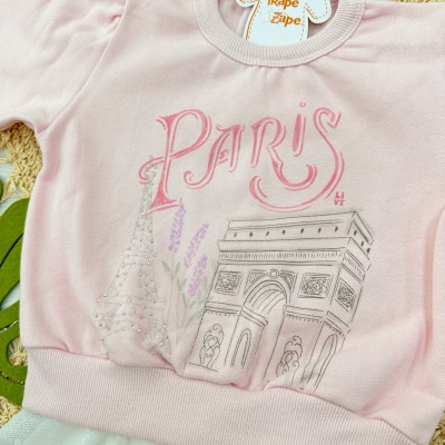 Conj. Blusão de Moletom Paris e Short Saia Tule com Mini-Losangolos - Rosa e Off White